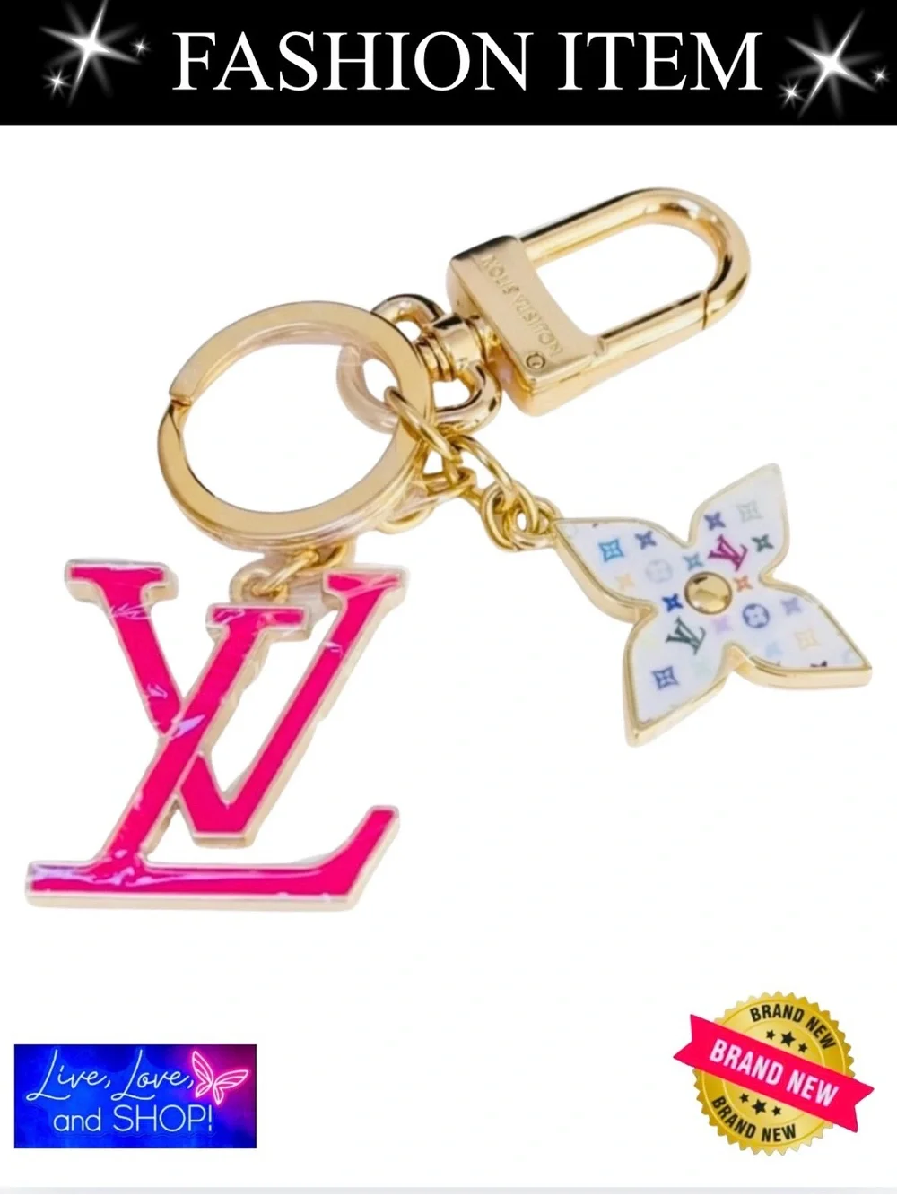 BAG CHARM/KEYCHAIN: Golden w/Pink Monogram & Multicolored Charm, NIP